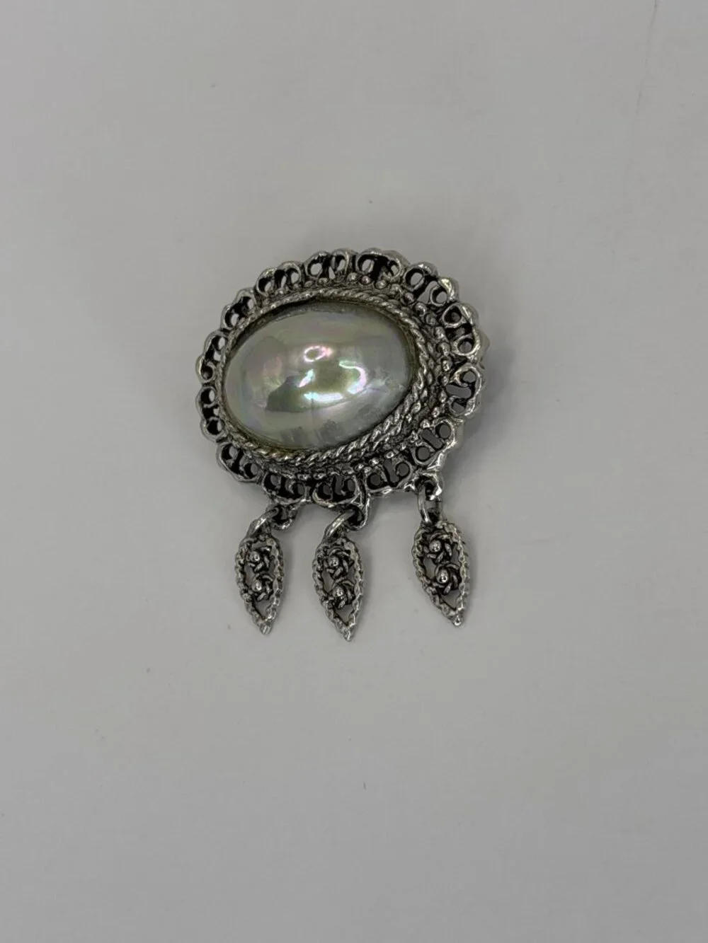 Silver Tone Oval Brooch Pin With Dangle Charms and Faux Pearl